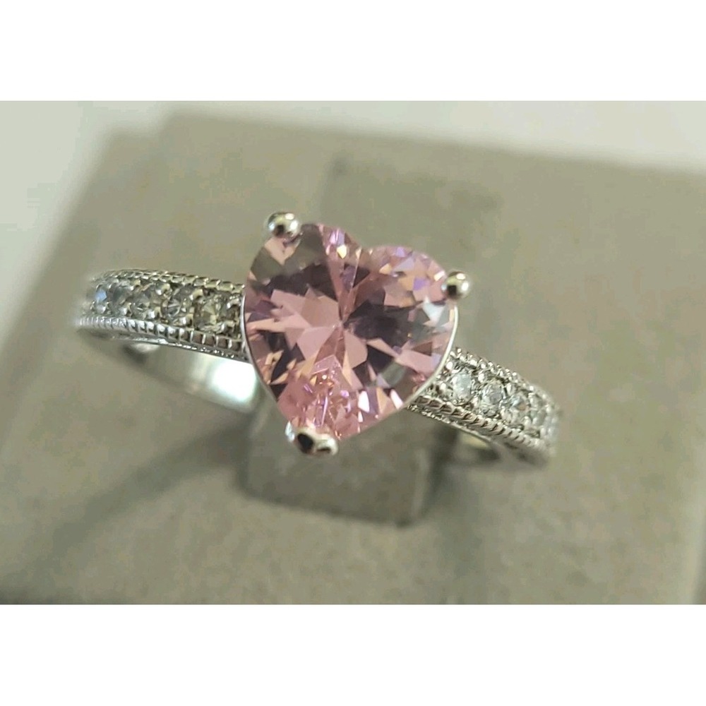 Size 7 Pink Heart Faceted Glass Silver Tone Ring Clear Rhinestone 2.5mm Band